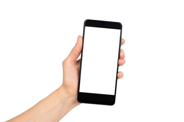istock Female hand holding a smartphone with a white screen on a white background, isolate 1352445671
