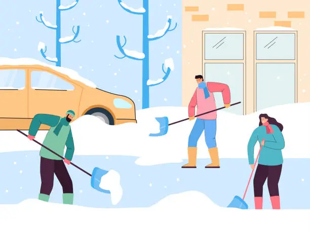 Vector illustration of People cleaning roads buried in snow