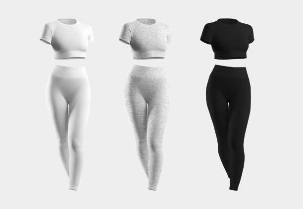 istock Mockup of white, heather, black compression suit, 3D rendering, crop top, leggings, isolated on background. Set front view 1352445783