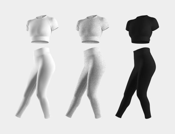 istock Mockup of white, heather, black compression suit, 3D rendering, crop top, leggings, isolated on background. Set side view 1352445808