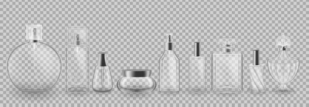Set beauty bottle blank template glass plastic container bottle with spray, dispenser and dropper vector art illustration