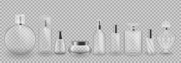 Vector illustration of Set beauty bottle blank template glass plastic container bottle with spray, dispenser and dropper