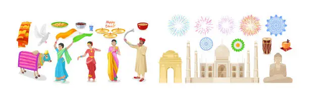 Vector illustration of Happy Diwali Indian ethnic set. Traditional religion festive holiday decor with Buddha statue