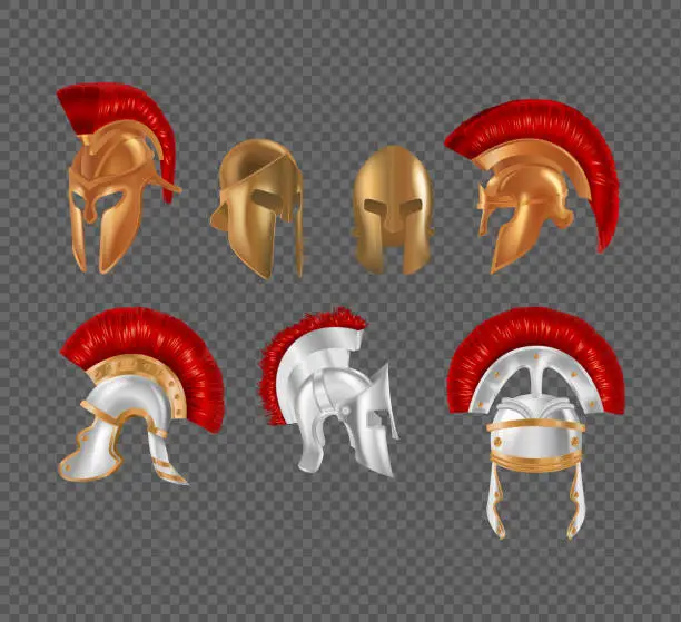 Vector illustration of Ancient Greek warrior helmet set. Spartan antique protective headgear. Military gladiator outfit