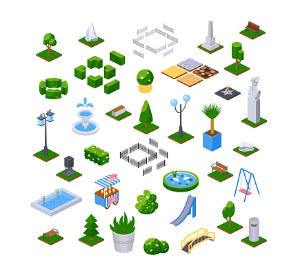 Modern outdoor decor isometric elements set. Garden park landscape furniture, plant, lawn, bench, fence, statue, grass and trees. Childish playground exterior and fountains. City design vector flat