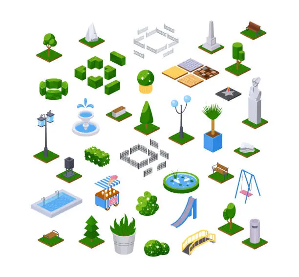 Vector illustration of Modern outdoor decor isometric elements set. Garden park landscape furniture. City design vector
