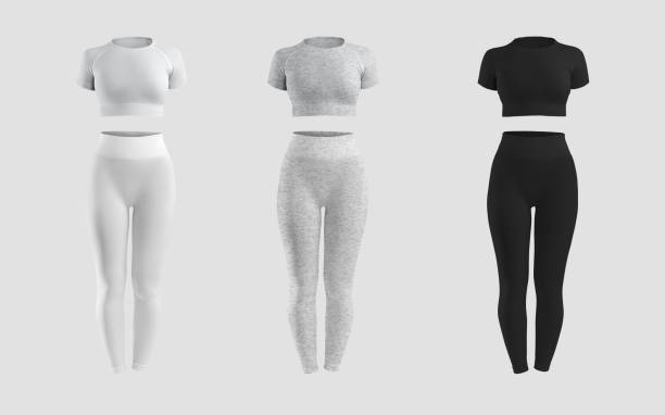 istock Mockup of white, heather, black compression suit, 3D rendering, crop top, leggings, isolated on background. Set front view 1352445969