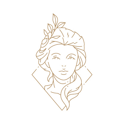 Monochrome simple bust portrait antique woman Greek goddess in hand drawn rhombus frame vector illustration. Linear logo medieval feminine with tree branch in hair isolated on white. Beauty care spa