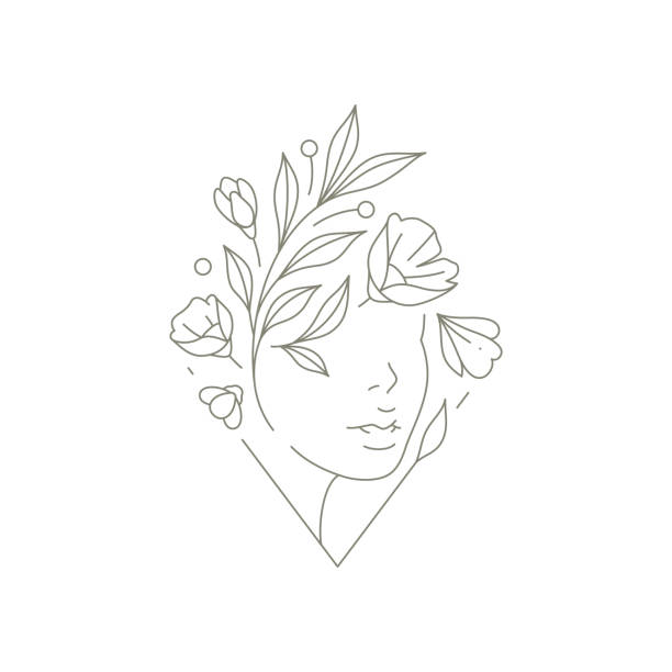 ilustraciones, imágenes clip art, dibujos animados e iconos de stock de rostro abstracto de mujer con cabeza botánica floral en marco triangular logotipo de salón de belleza ilustración vectorial - botanic