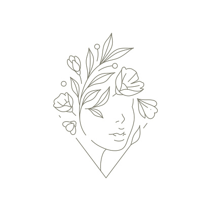 Abstract woman face with floral botanic on head at triangle frame beauty salon logo vector illustration. Female portrait flower hairstyle simple emblem icon for cosmetic spa wellness studio isolated