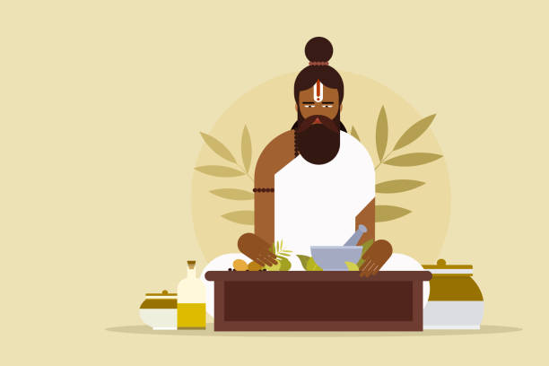 Illustration of an ancient Ayurveda parcticioner with herbal ingredients Illustration of an ancient Ayurveda parcticioner with herbal ingredients ayurveda stock illustrations