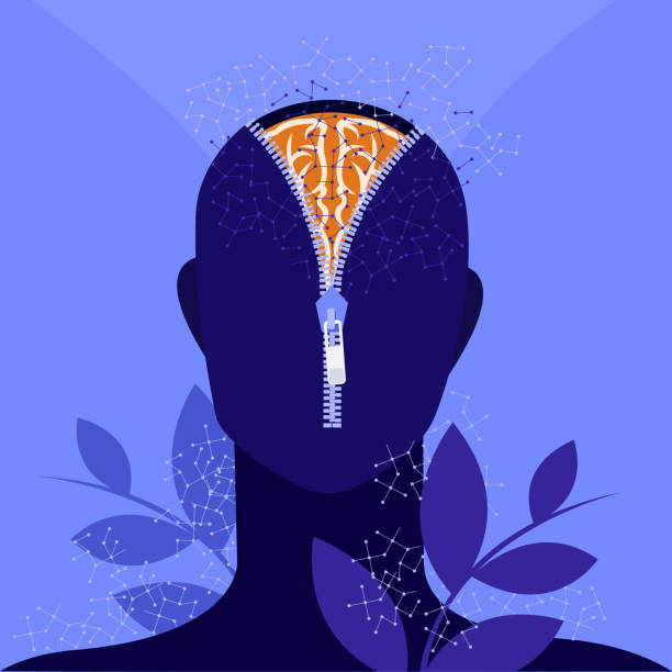 koncepcyjna ilustracja ludzkiego mózgu rozlanego zamkiem błyskawicznym - brain nerve cell healthcare and medicine technology stock illustrations