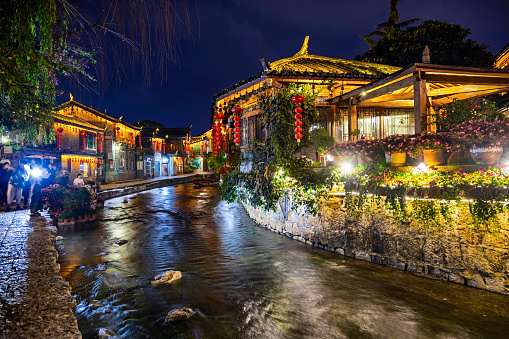 Night view of street in Lijiang old town, Yunnan Province, China