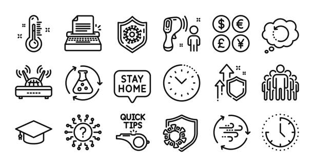 stockillustraties, clipart, cartoons en iconen met electronic thermometer, coronavirus and wind energy line icons set. vector - air quality