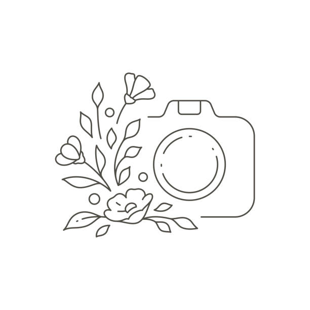 dekoracyjny prosty monochromatyczny projekt bloga piękności z aparatem fotograficznym i logo botanicznego wystroju kwiatu - contemporary wedding photography stock illustrations