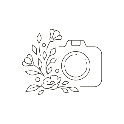 Decorative simple monochrome design of beauty blog with photo camera and flower botanic decor logo vector illustration. Line art icon feminine beauty vlog wedding photographer women photography course