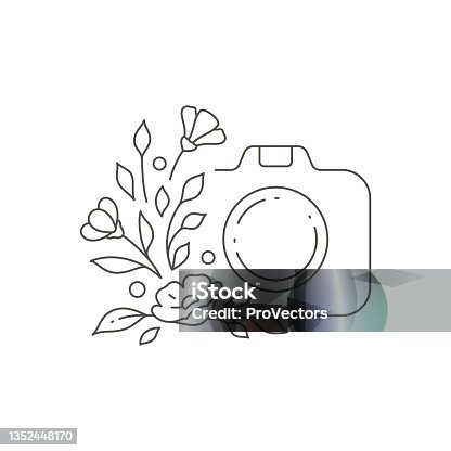 istock Decorative simple monochrome design of beauty blog with photo camera and flower botanic decor logo 1352448170