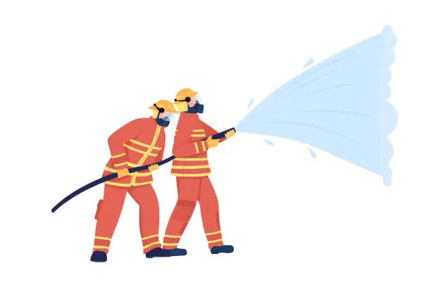 Vector illustration of Firefighters with water hose semi flat color vector characters