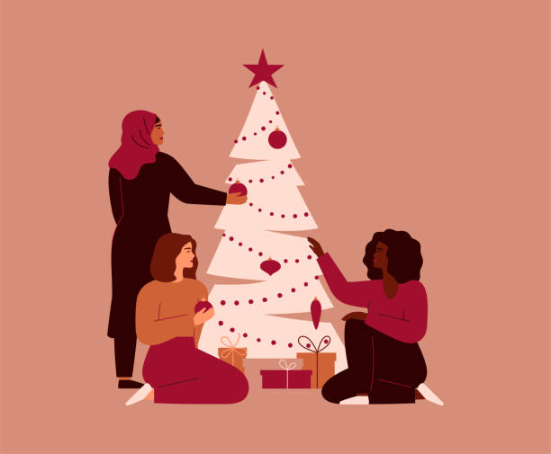 Women preparing for Christmas holidays and decorating Xmas tree. Females of different cultures and ethnicities gathered together near festive fir. Women preparing for Christmas holidays and decorating Xmas tree. Females of different cultures and ethnicities gathered together near festive fir. Vector illustration diverse family christmas stock illustrations