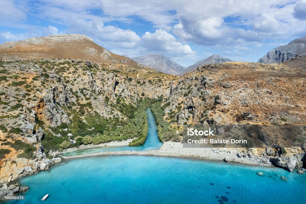 Landscape with Preveli beach, Crete Landscape with Preveli beach at southern Crete, Greece Crete Stock Photo
