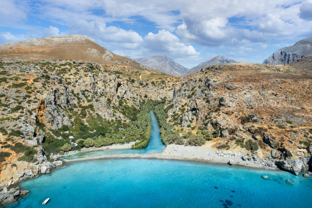Landscape with Preveli beach, Crete Landscape with Preveli beach at southern Crete, Greece crete photos stock pictures, royalty-free photos & images