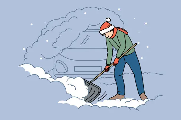 Vector illustration of Man shovel dig out car on snowy winter day