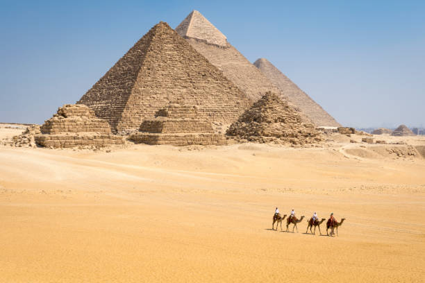 Panoramic view of Giza pyramid complex with camel caravan , Egypt