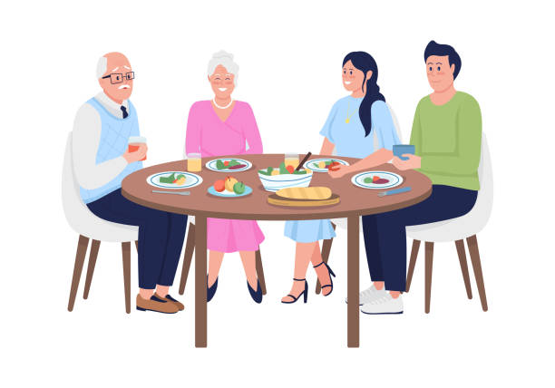 członkowie rodziny jedący razem kolację półtłach kolorowych znaków wektorowych - eating silhouette men people stock illustrations