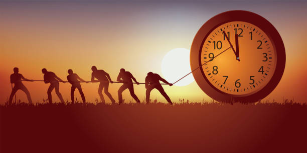 Men try to hold back the passage of time by blocking the hands of a clock with a rope. Symbol of the passing of time with a group of men who try to stop it by symbolically holding the hands of a clock with a rope. clock-hands stock illustrations