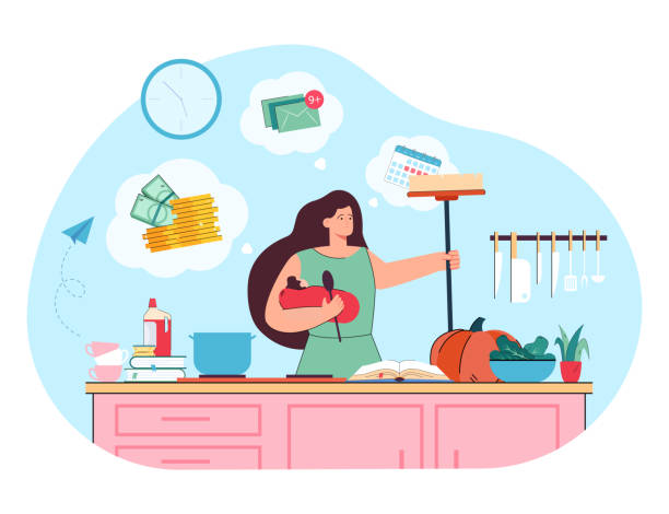 ilustrações de stock, clip art, desenhos animados e ícones de busy young mom in stress holding baby surrounded by chaos - mother emotional stress exhaustion cooking