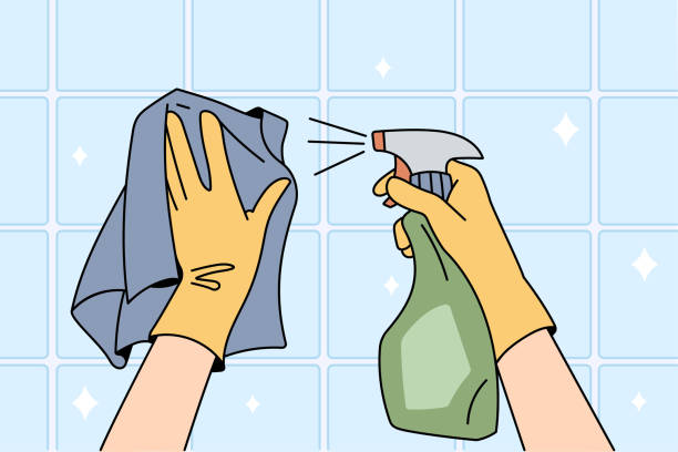 bildbanksillustrationer, clip art samt tecknat material och ikoner med housekeeper in gloves clean surface with spray - cleaning surface