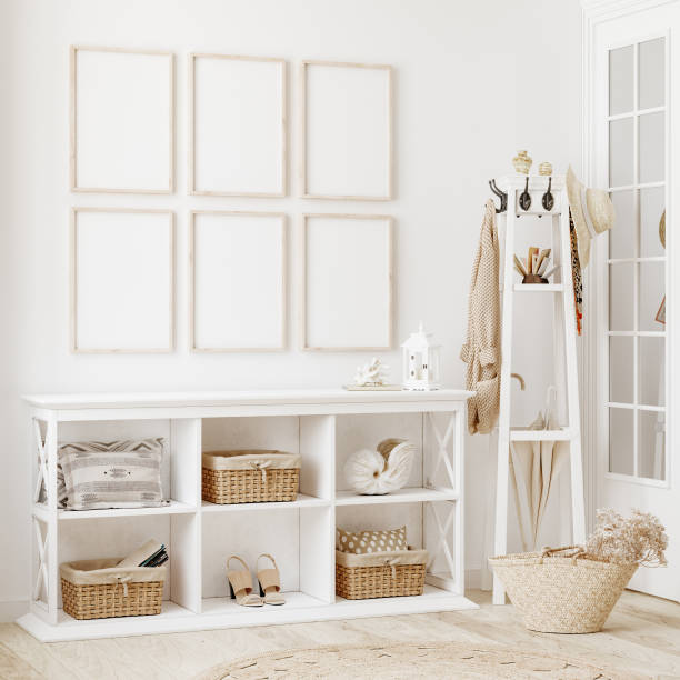 istock Poster frame mockup in white clear hallway interior 1352454957