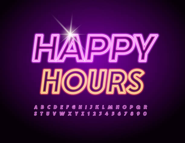 wektor jasny neon banner happy hours. światło elektryczne alfabet litery i cyfry zestaw - happy stock illustrations