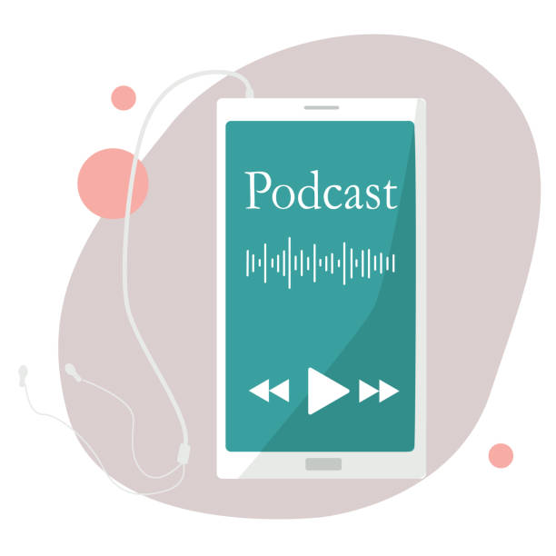 istock Podcast concept.Smartphone with an application for listening to podcasts on the screen and earphones . 1352456373