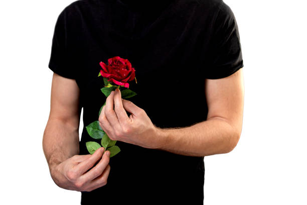 istock Romantic man holding rose flower on white background 1352457133