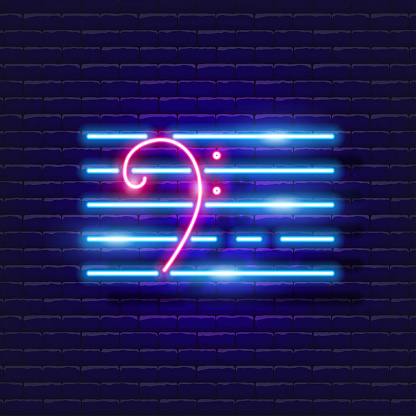 Bass clef neon icon. Music glowing sign. Music concept. Vector illustration for Sound recording studio design, advertising, signboards, vocal studio