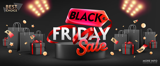 Vector of Black Friday Poster or banner with black gift box,coins,coupon,shopping bag and product podium scene. Black friday day sales banner template design for social media and website.