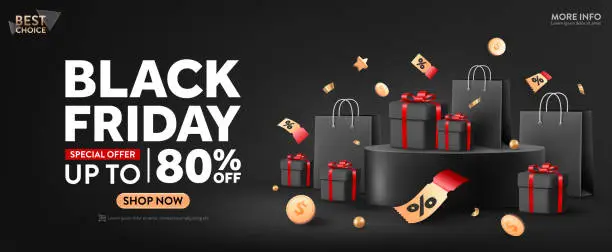 Vector illustration of Vector of Black Friday Poster or banner with black gift box,coins,coupon,shopping bag and product podium scene. Black friday day sales banner template design for social media and website.