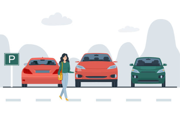 illustrations, cliparts, dessins animés et icônes de femme dans le parking à la recherche de sa voiture. illustration vectorielle. - parking