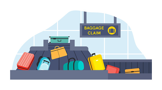 Luggage Carousel Against in Airport. Conveyor Belt With Passenger Luggage. Baggage Claim In Airport Isolated. Passengers Take Their Luggage from Train or Airport Terminal. Flat Vector Illustration