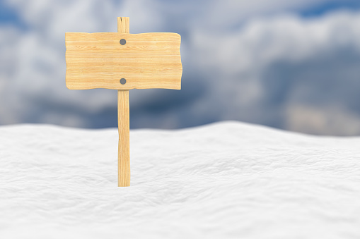 wooden banner into snowdrift. 3D illustration
