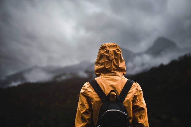 Exploring mountains in bad rainy weather