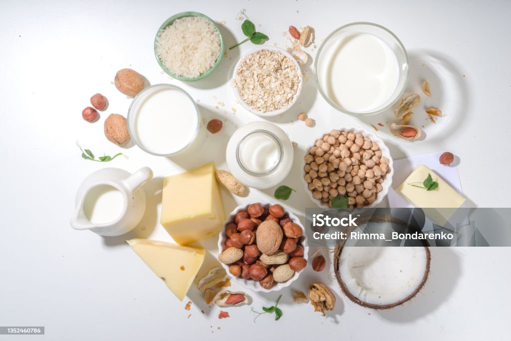 Plant-based alternative non-dairy products Vegan non-dairy products. Plant-based alternative dairy products "u2013 milk, cream, butter, yogurt, cheese, with ingredients - chickpeas, oatmeal, rice, coconut, nuts Veganism Stock Photo