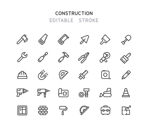 ilustraciones, imágenes clip art, dibujos animados e iconos de stock de iconos de línea de construcción trazo editable - wrench ruler screwdriver hammer