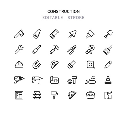 Set of construction line vector icons. Editable Stroke.