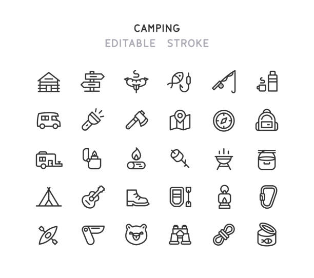 illustrazioni stock, clip art, cartoni animati e icone di tendenza di camping line icons tratto modificabile - canna da pesca