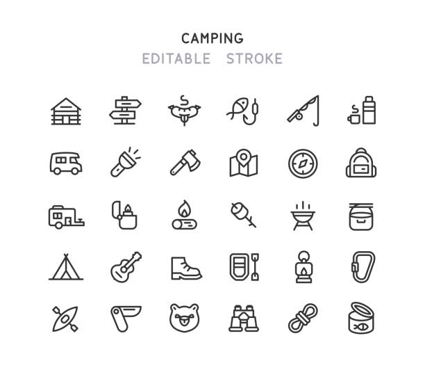 Camping Line Icons Editable Stroke Set of camping line vector icons. Editable stroke. fishing rod stock illustrations