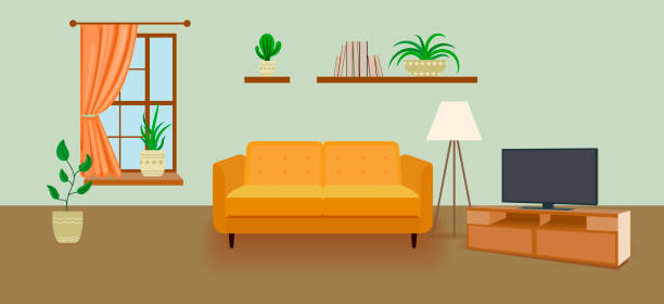 Vector Room Background Interior Cartoon Illustration Background Template  Sofa Home Plants-vektorgrafik och fler bilder på Simple Living - iStock