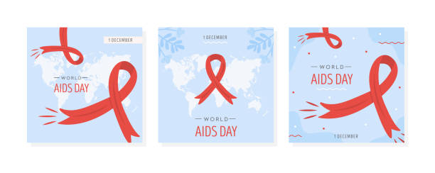 set of world aids day card. red awareness ribbon with world map on background. hiv symbol or emblem. social media post or square banner template. vector illustration in flat style. - world aids day stock illustrations