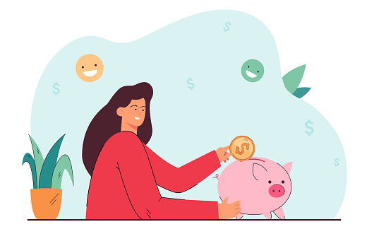 Smiling woman putting dollar coin in piggy bank. Mother saving money for family flat vector illustration. Family budget, savings, investment concept for banner, website design or landing web page